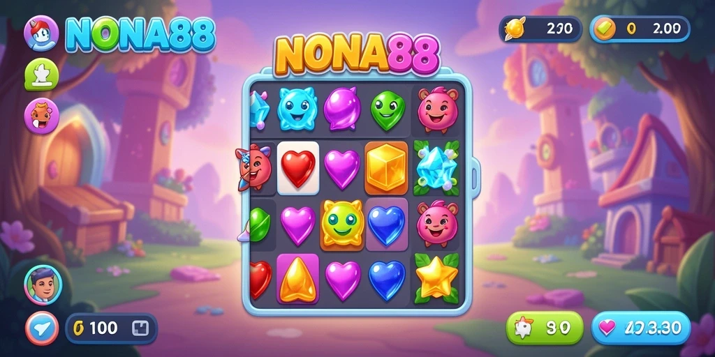 Tampilan gameplay NONA88 dengan elemen Match-3 yang seru dan berwarna-warni.