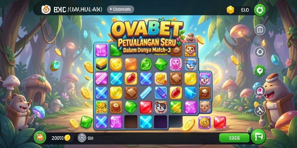 Screenshot gameplay OVABET menampilkan momen penuh warna dan tantangan Match-3.