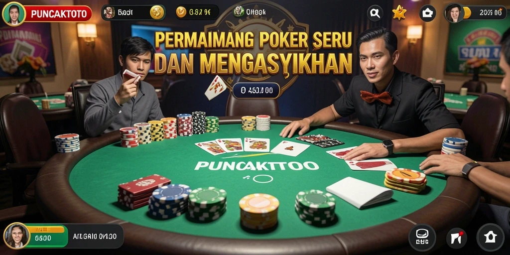 Tampilan gameplay seru dalam PUNCAKTOTO dengan pemain berinteraksi di meja poker.