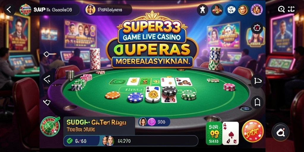 Screenshot gameplay SUPER33 yang menampilkan dealer langsung dan suasana kasino.